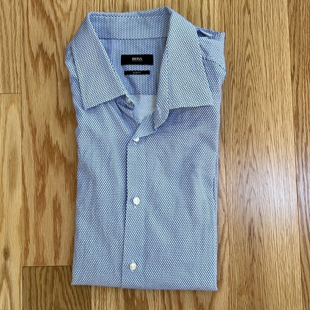 Hugo Boss mens SZ 17, blue combo slim fit long sleeve shirt.
